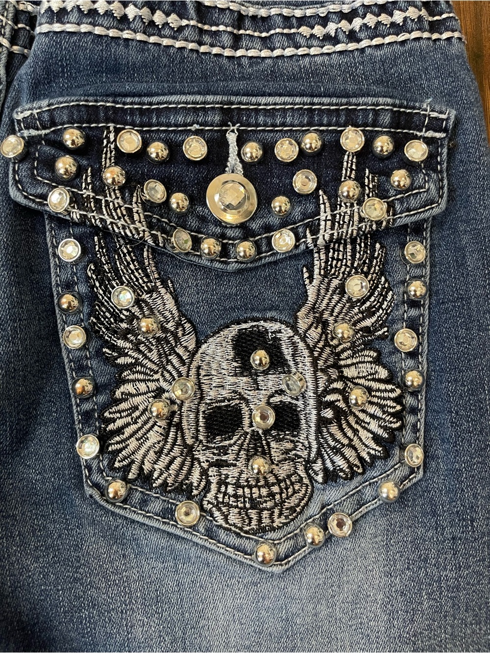 Sky Women's Boot Cut Jeans - Dark Blue with Embellished Skull Pocket - Picture 4 of 9